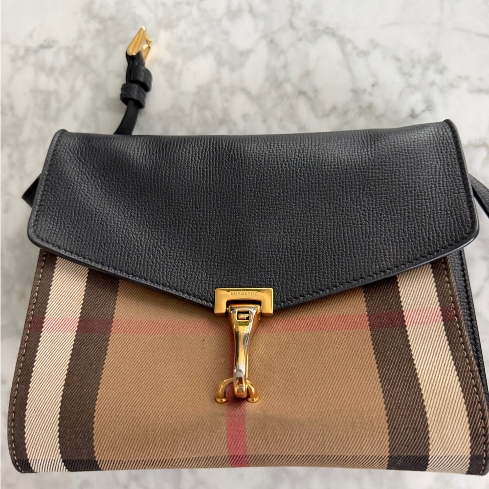 Burberry Black Leather & Beige Vintage Check Crossbody